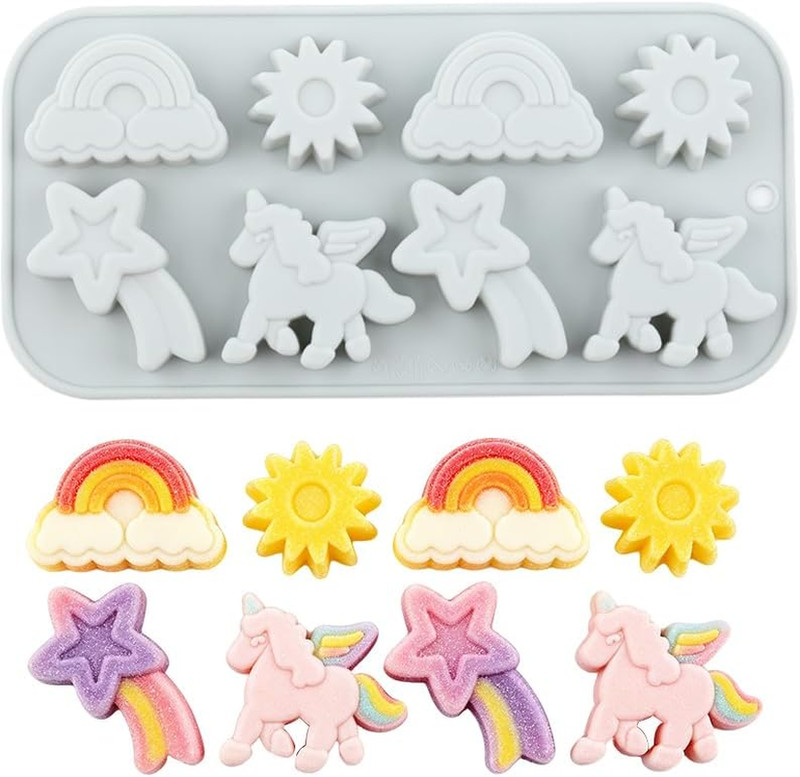8 Cavity Winged Unicorn Themed Silicone Molds Rainbow Unicorn Sun Meteor Candy