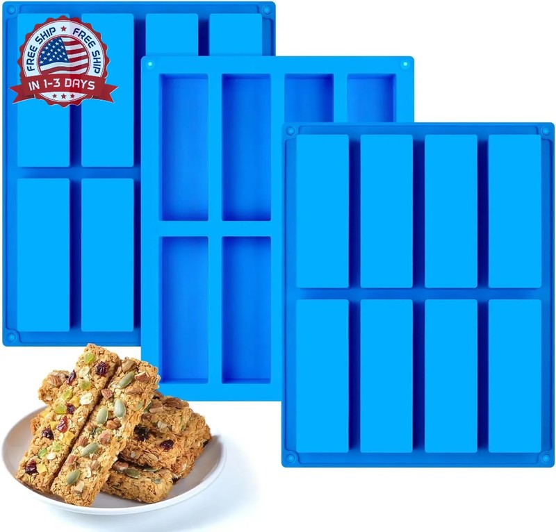 3 PCS Granola Bar Mold, 8 Cavity Rectangle Silicone Bar Mold for Baking Chocolat