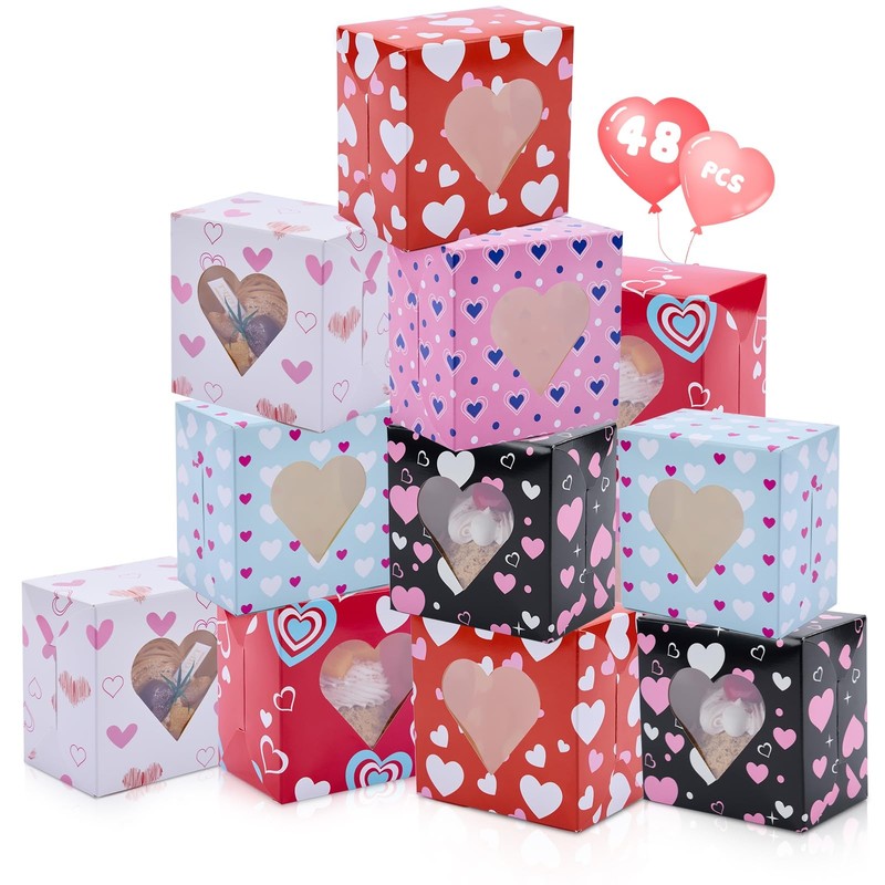 48 PCS Valentine Treat Boxes 4x4x2.5 Inch Bakery Box Window Cookies Pastries