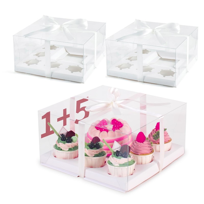 3 Packs Cake Cupcakes Combo Box 1+5 Cupcake Containers with Gift Ribbon Bento…