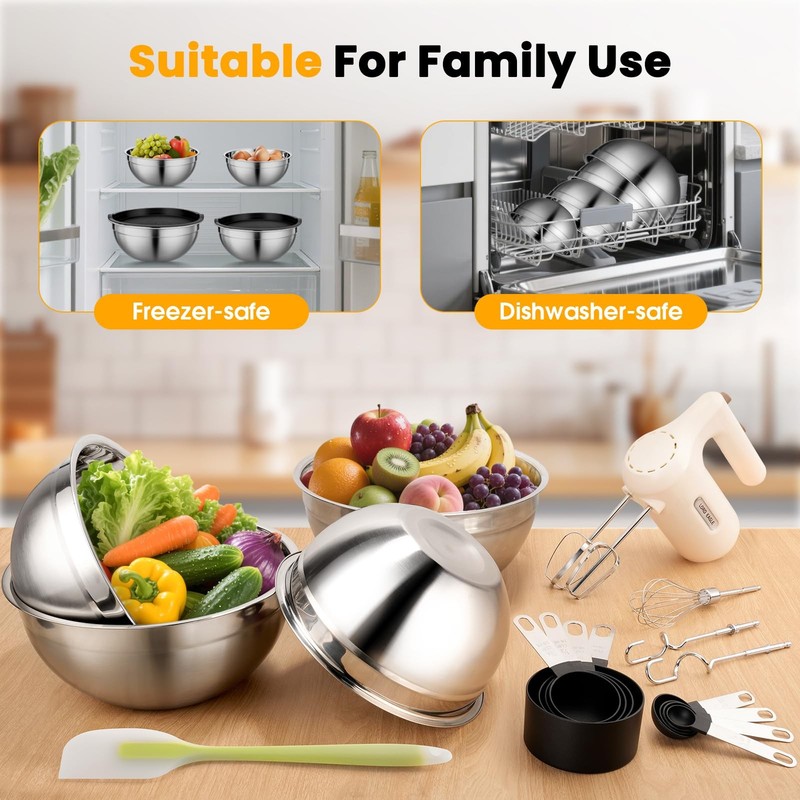 5-Speed Hand Mixer With 4 Stainless Steel Mixing Bowls Set, 300W Lightweight ... gallery