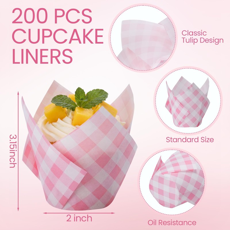 200 PCS Pink Gingham Tulip Cupcake Liners Plaid Checkered Muffin Baking Cups gallery