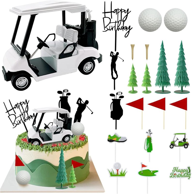 2026 New Golf Cake Decorations with Mini Cart, Clubs, Ball, Green Tree, Red Flag