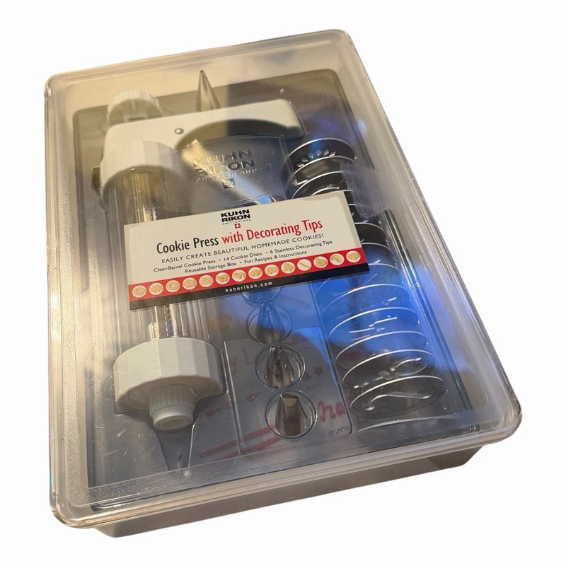 Kuhn Rikon Clear Barrel Cookie Press 14 Shape Discs 6 Decorating NEW NOB