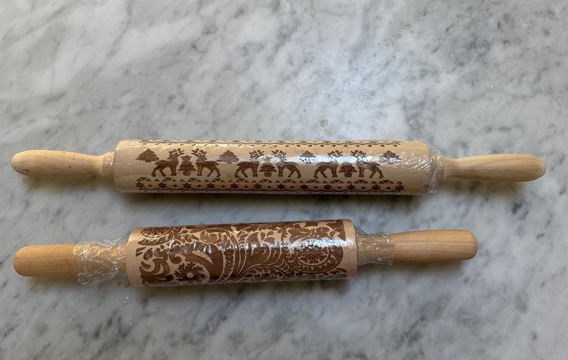 Embossed Wooden Rolling Pins New, Set of 2: Floral Engraved & Christmas Holiday