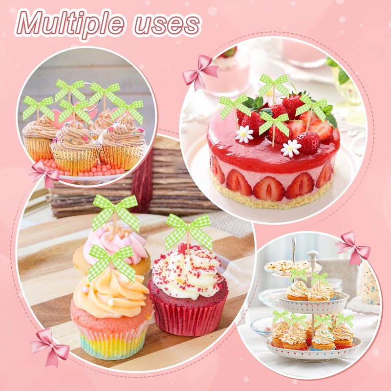 60Pcs Bow Cupcake Toppers, Ribbon Bow Cake Toppers for Cake Decor [Fruit Green] gallery