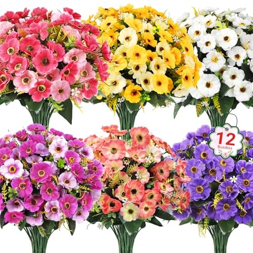 12 Bundles Artificial Flowers for Outdoors Decoration, Fake Daisy Multi Color