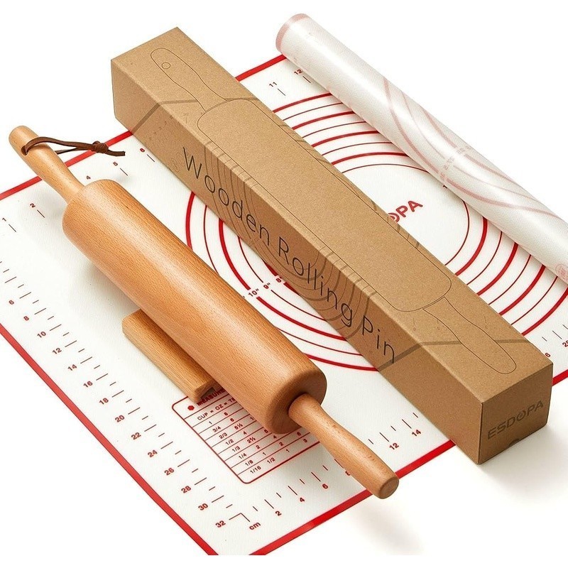 Wooden Rolling Pin W/ Handles Pastry Mat Stand Baking Dough Roller Kitchen Tool gallery