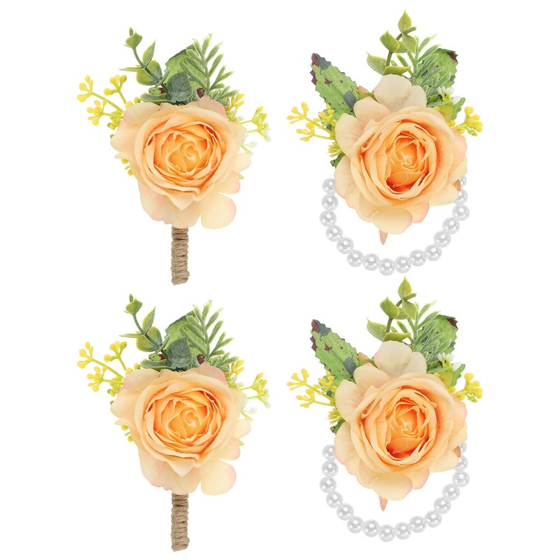 4 Pcs Rose Wrist Corsage and Boutonnieres Set, Wedding Flower Wristlet Orange