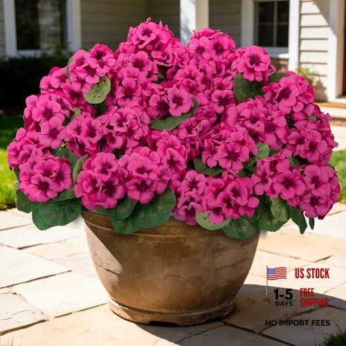 8 Pcs 17″ Artificial Geranium Flowers for Outdoors, Fake Silk Flowers Fuchsia