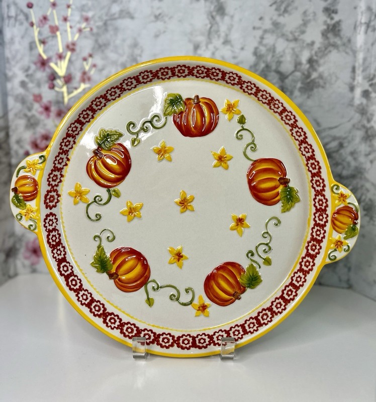 Temp-Tations Pumpkin Patch 14 inch Cake Serving Plate Orange Floral Fall Festive