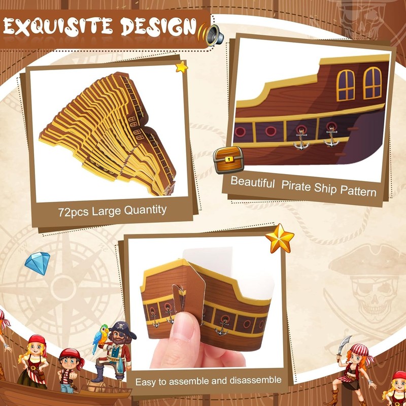 72 Pcs Pirate Ship Cupcake Toppers Skull Cap Cupcake Picks Pirate Halloween gallery