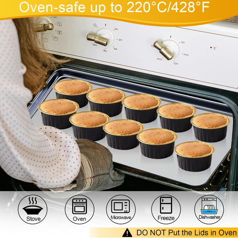 200 Pcs Black Gold 5 OZ Aluminum Foil Baking Cups with Lids 5 round Disposable B gallery