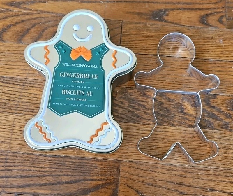 Williams Sonoma Large Gingerbread Man Empty Metal Tin And Cookie Cutter 7”