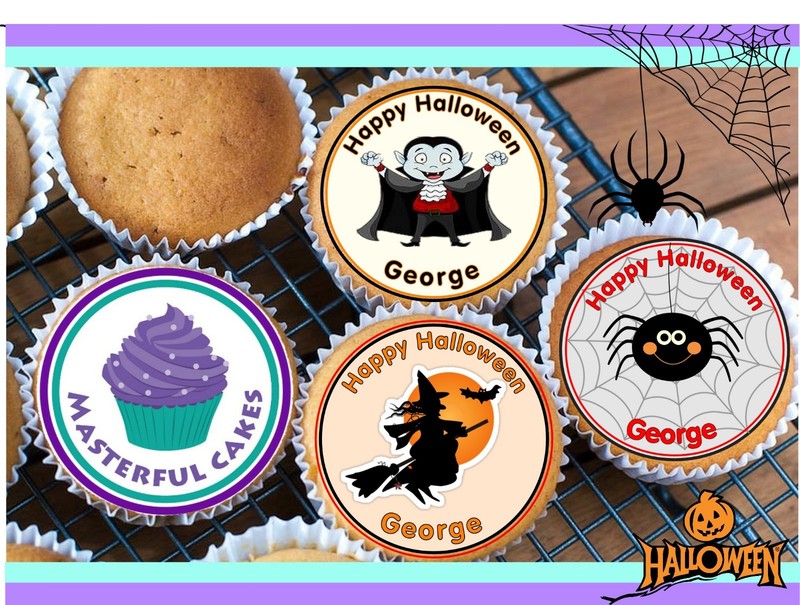 24 PERSONALISED HALLOWEEN DESIGN 5 CUPCAKE TOPPER RICE, WAFER,ICING OR PRECUT