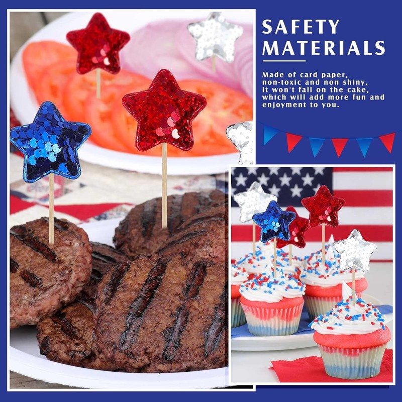 120 Pcs Glitter Star 4th of July Cupcake Toppers Patriotic Cupcake Picks Blue gallery
