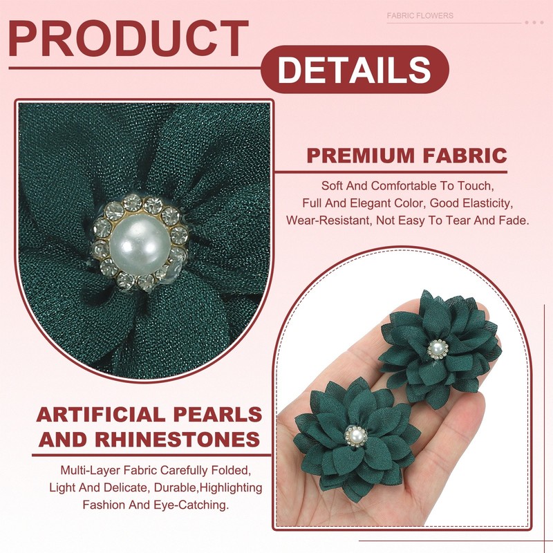30Pcs 2" Fabric Flowers Rhinestone Pearls Sewing Fabric Flowers Dark Green gallery