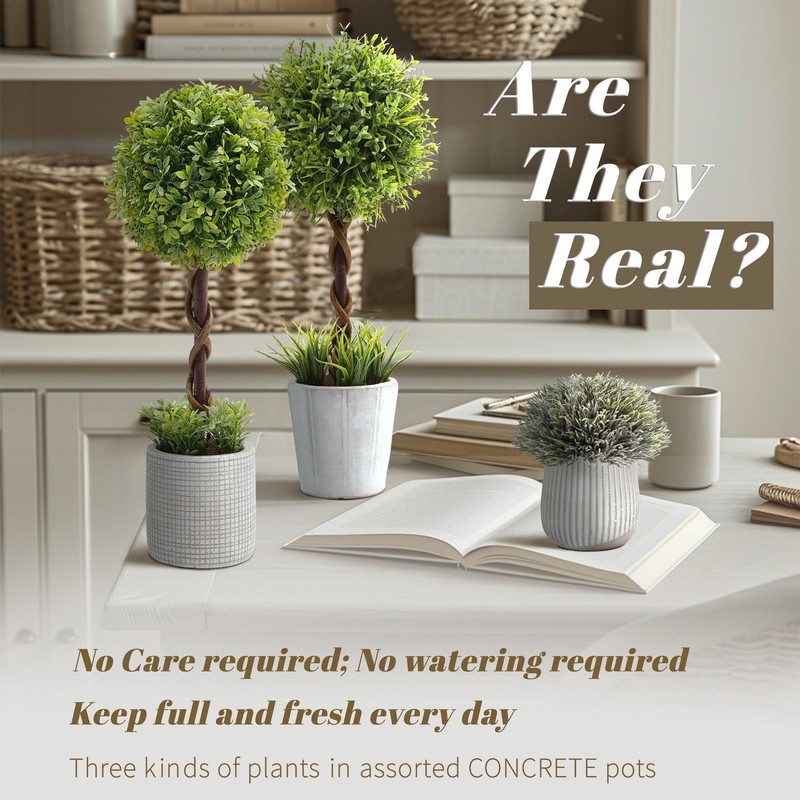 3 Pack Small Fake Plants in Farmhouse Concrete Planter, Greener-boxwood gallery