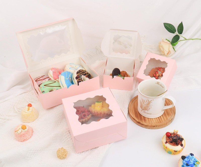 50 PCS 4x4x2.5 Pink Cookie Boxes Bakery Pastry Strawberries Macarons Window gallery