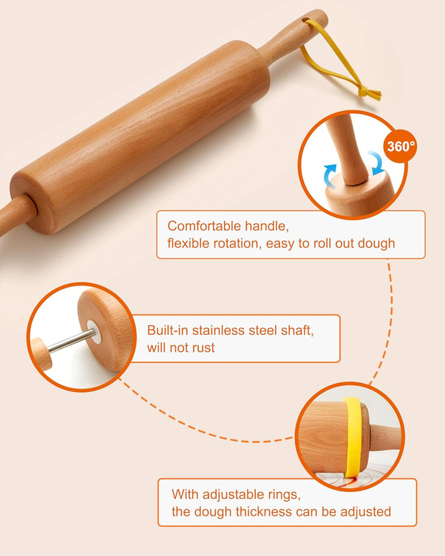 Classic Wood Rolling Pin, 17" Rolling Pins for Baking with Silicone Mat and Adju gallery