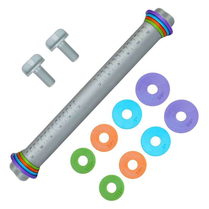 12.8 Inch Gray Adjustable Silicone Rolling Pin 4 Thickness Rings Dough Roller