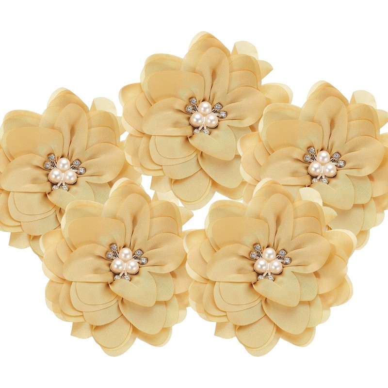 3.15 Inch Rhinestone Chiffon Flower, 5 Pcs Fabric Appliques, Dark Yellow