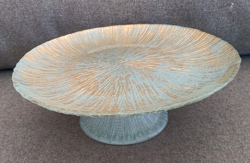 RETRO Blue with Gold Foil Textured Glass Cake Stand 8.5 in. ANTHROPOLOGIE(??)