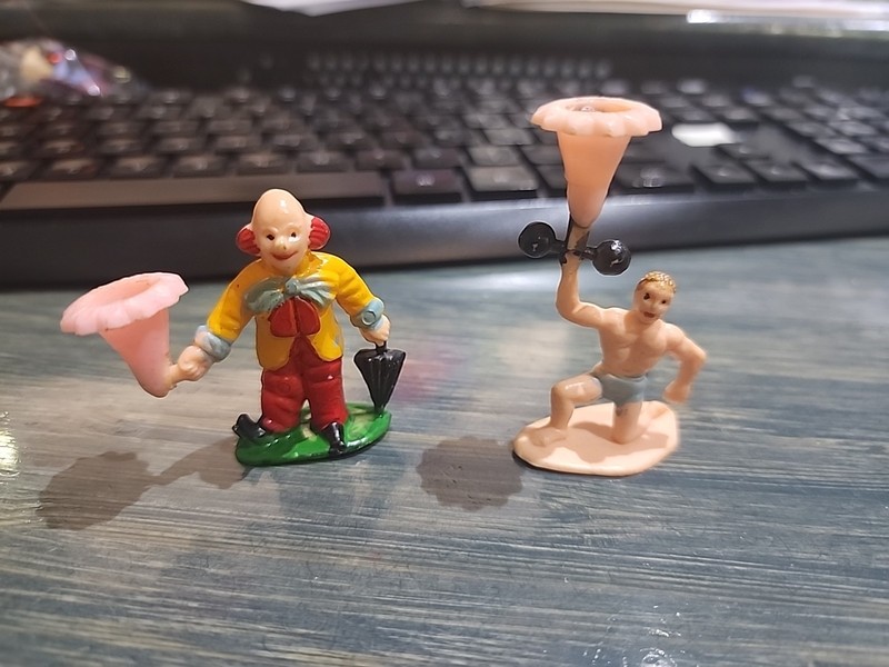 Vintage Pair Of Cake Topper Candle Holder Plastic Circus Clown Muscleman