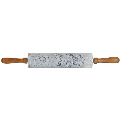 Home Basics White Marble Stone Rolling Pin Easy Grip Wood Handles And Wooden gallery