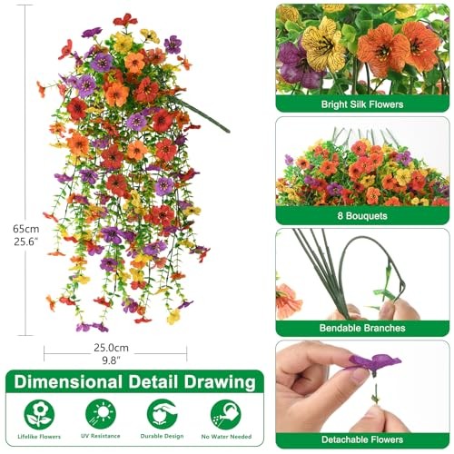 Artificial Hanging Flowers for Outdoor, 8PCS Fake A01 Purple+red+orange+yellow gallery