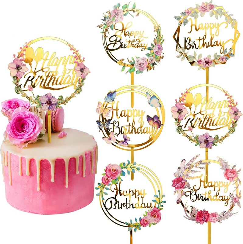 6 Pieces Happy Birthday Cake Toppers Gold Flower Acrylic Cupcake Cake Toppers