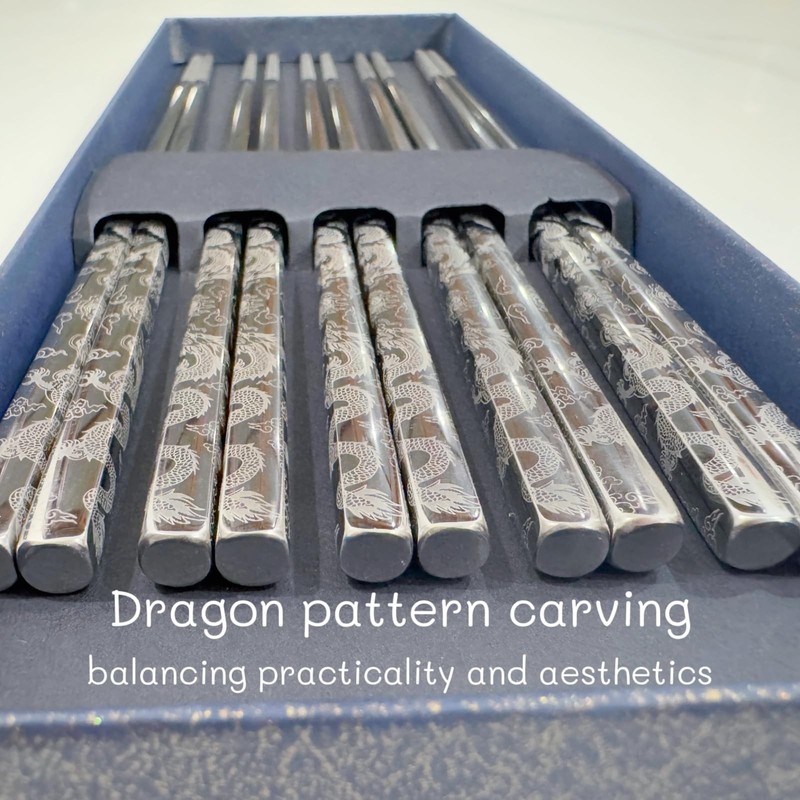 5 Pairs 316 Stainless Steel Metal Chopsticks - 9.5" Non-Slip Tips, Dragon Las... gallery