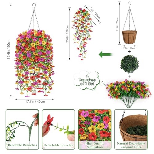 Artificial Hanging Flowers Plants Basket for Outdoors 2 Purple&yellow&red gallery