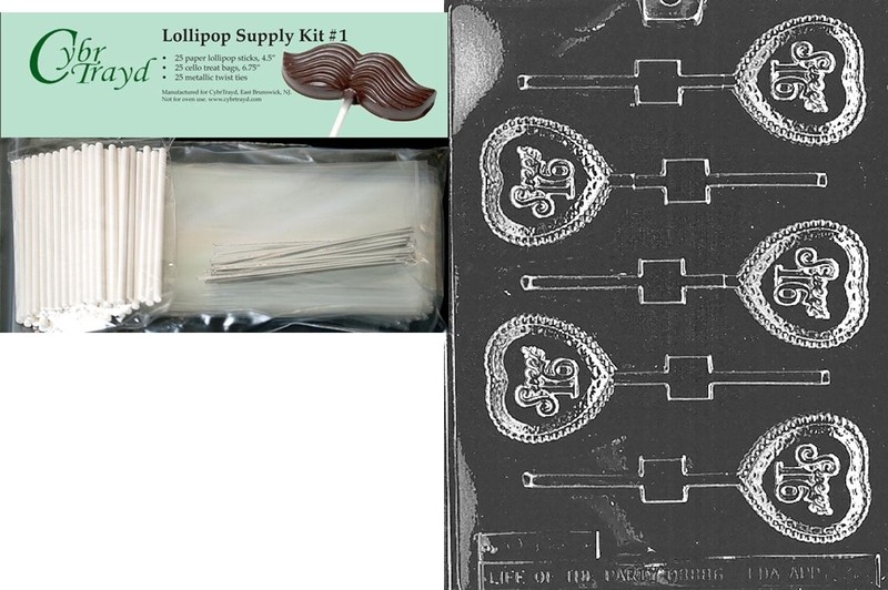 Sweet 16 Lolly Chocolate Candy Mold Kit with 25 Sticks Bags Ties Bundle