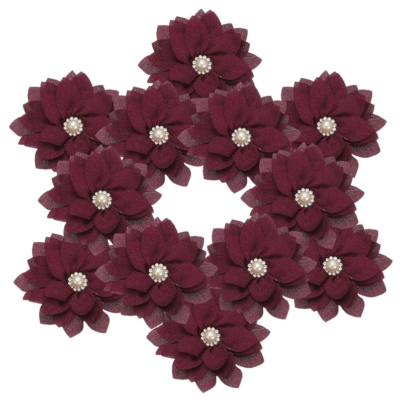 2.36 in Rhinestone Chiffon Flower, 12 Pcs Fabric Appliques, Wine Red