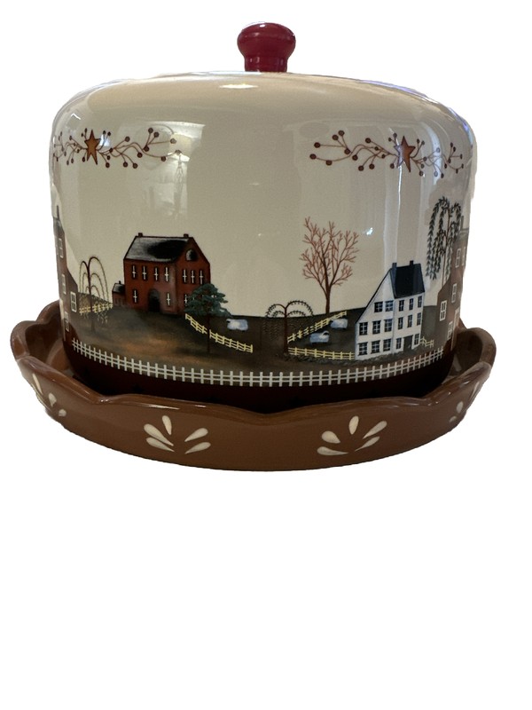 Vintage Ceramic Cake or Cheese Cover & Platter, houses/country/farms/Sheep/Fall gallery