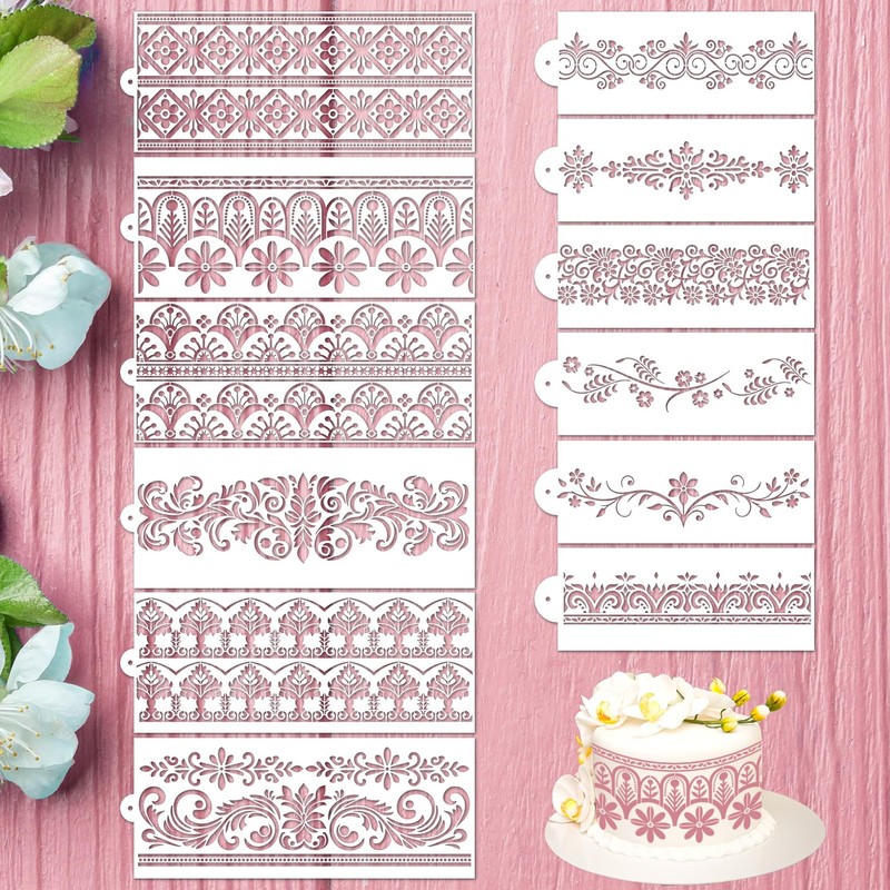 12 PCS Reusable Cake Stencils Decorating Baking Floral Border Lace Template