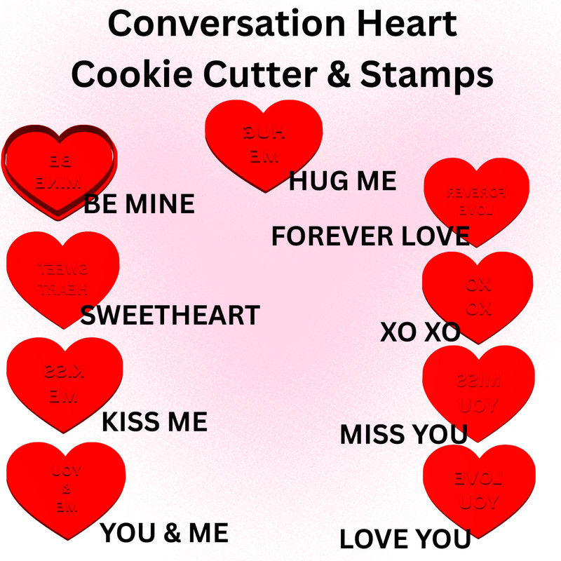 Conversation Heart, Valentine’s Day Cookie Cutter & Stamps. 10 Piece set