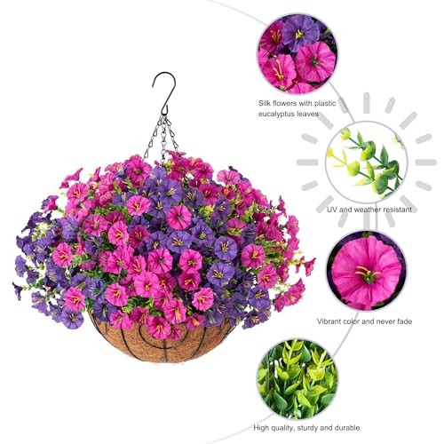 Artificial Faux Hanging Flowers Plants Basket - Spring Summer - Purple-Fuchsia gallery