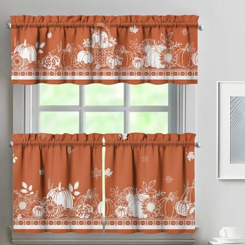Fall Thanksgiving kitchen Curtains 3 Piece 27.5″W x 24″L (Pack of 3) Autumn