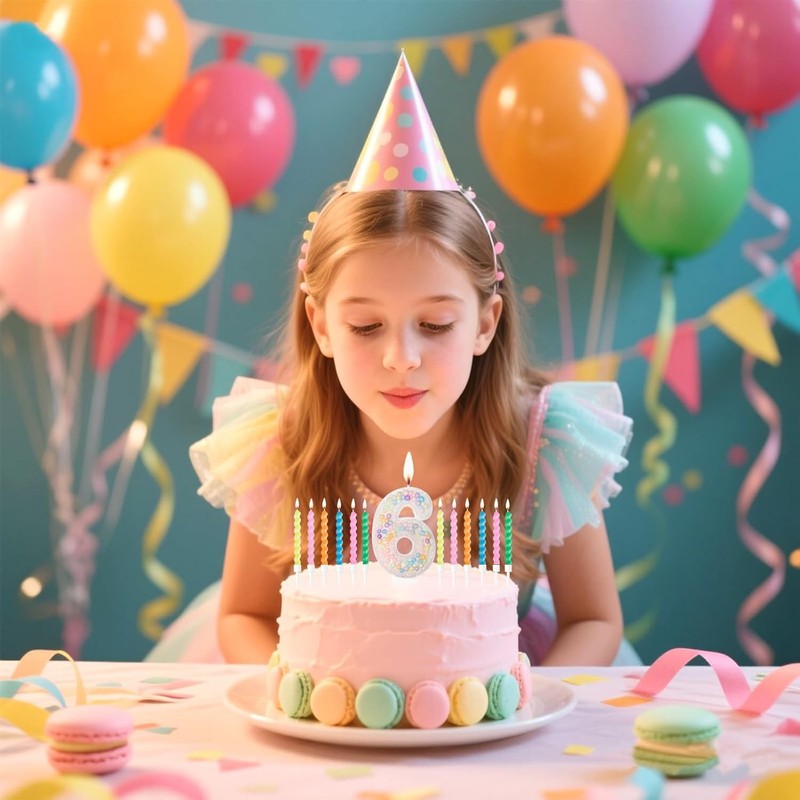 Ceya Number 6 Birthday Candles with 12 Pcs Pastel Rainbow Spiral Sparkle gallery