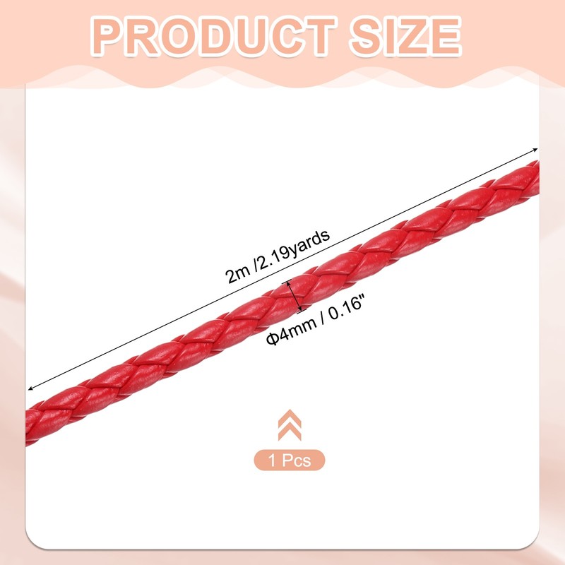 2 Pcs Braided Leather Cords, Round Leather Strap 4mm Dia. 2.27 Yards, Bright Red gallery