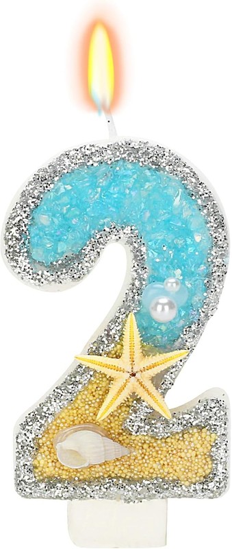 2nd Birthday Candle for Cake, Beach Starfish Sequins Candles, 2.76 inch Cake