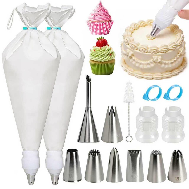 2 PCS 16 Inch Reusable Cotton Piping Bag 8 Tip Set Cake Decorating Baking Kit