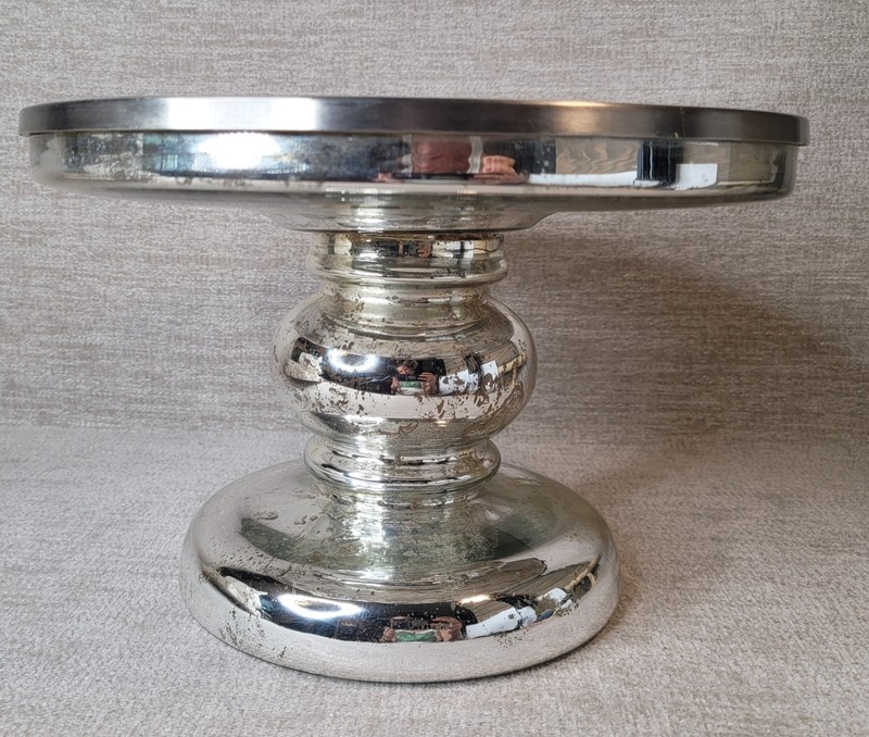 Retired Pottery Barn Mercury Glass & Stainless Pedestal Cake Stand 7″ x 11″ NEW