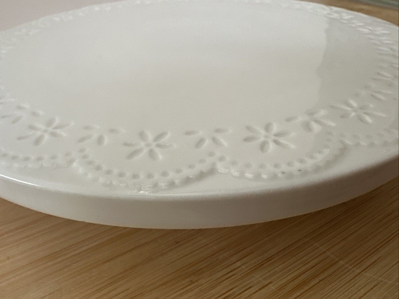 Nottingham Lace White Embossed 8" Pedestal Cake Stand Porcelain Scalloped Edge gallery