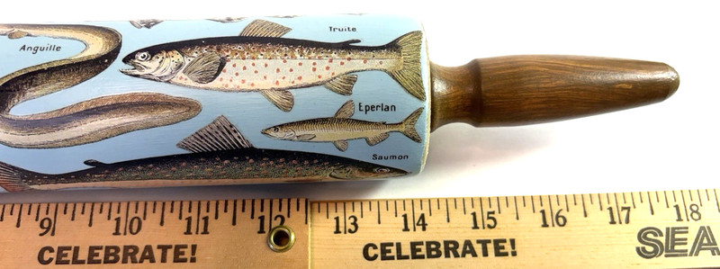 Decorative Painted Wooden Rolling Pin Vintage Fish Blue w/Dark Wood Handles gallery