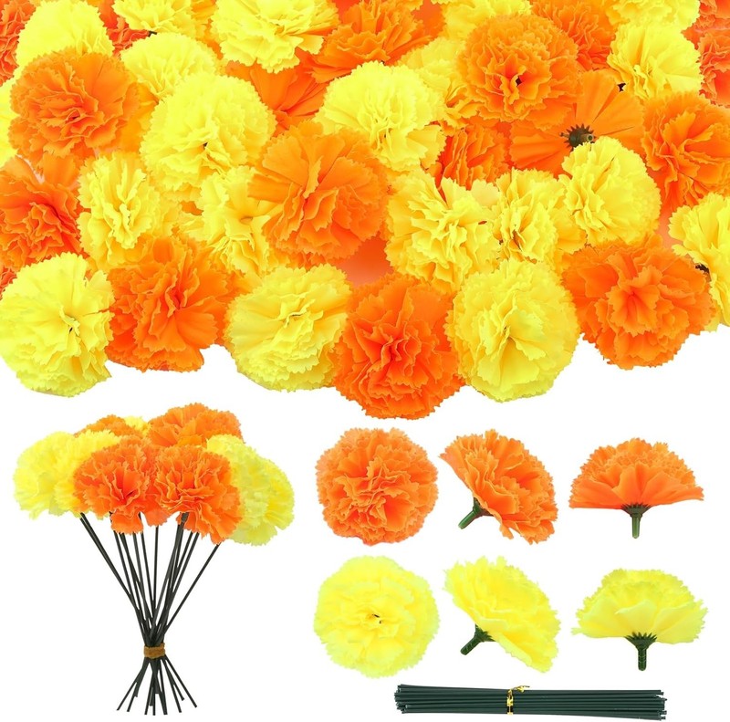 Hananona Pcs Marigold Flower Heads Bulk, Silk Marigold with Stems 50 Orange gallery