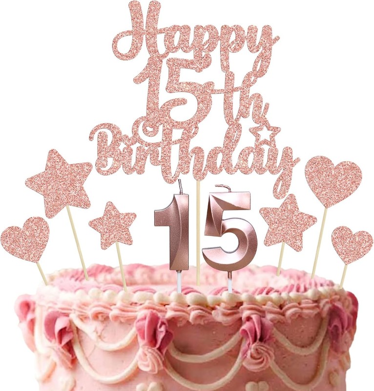 15Pcs Happy 15th Birthday Cake Topper Set with Heart Star Glitter Cheers to 15