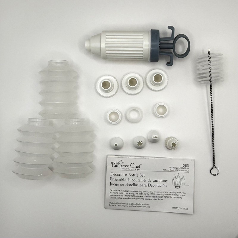 PAMPERED CHEF DECORATOR BOTTLE SET #1585 3 BOTTLES & CLEANING BRUSH + EXTRAS
